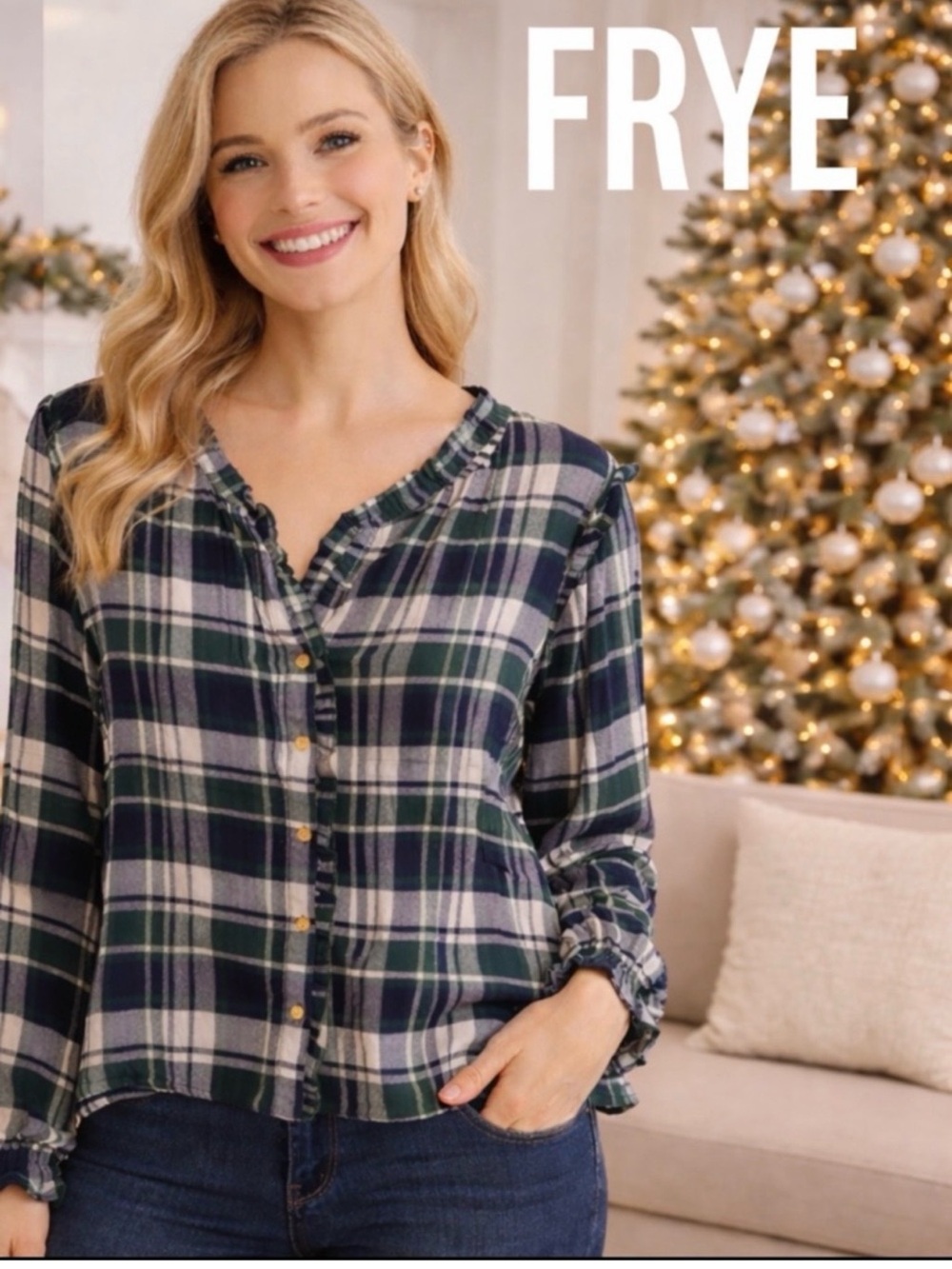 Frye Womens XL Green White Blue Plaid Long Sleeve Casual.
Excellent condition.